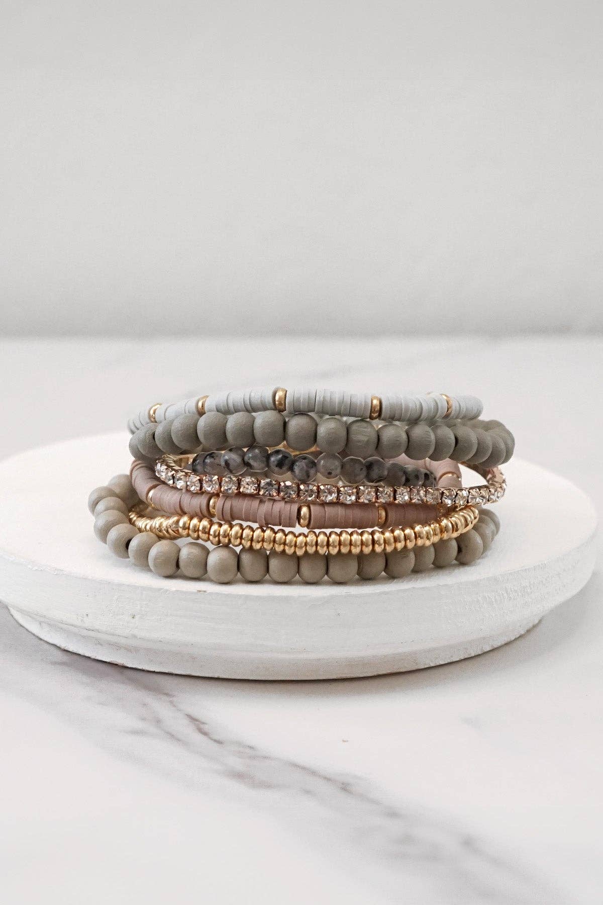 7-Piece Beaded Boho Bracelet Stack Grey Tones