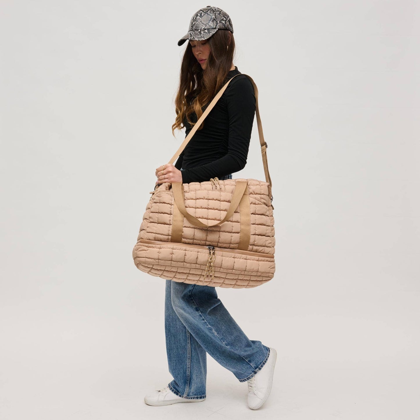 Globetrotter Quilted Nylon Puffer Travel Weekender: Natural