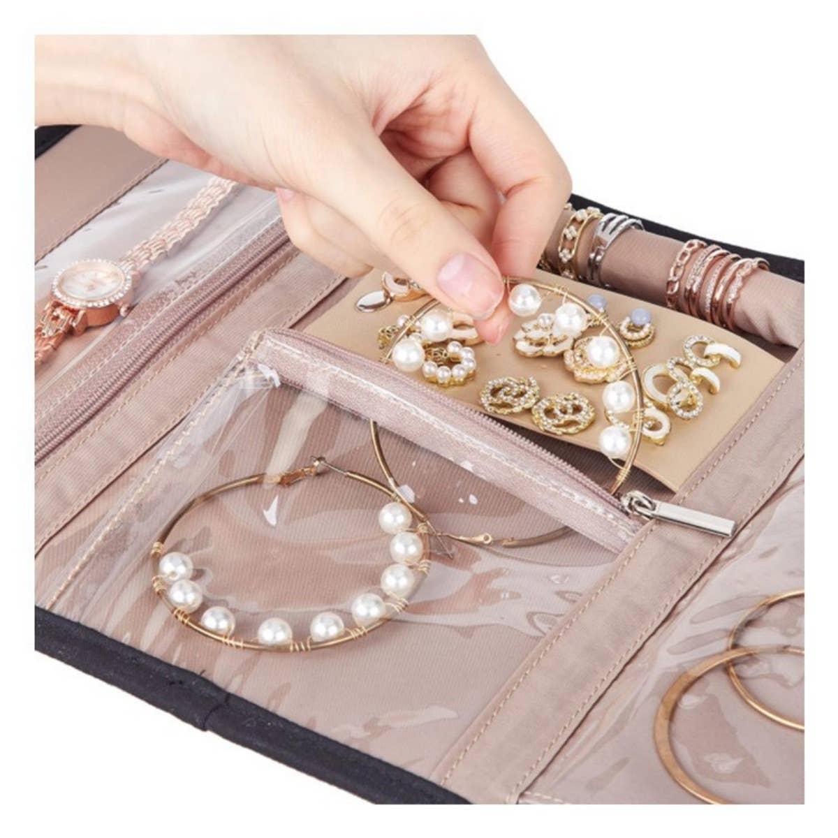 Portable Travel Jewelry Organizer Roll,Foldable for Earrings: Pink
