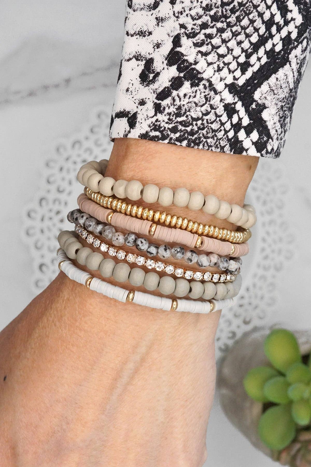 7-Piece Beaded Boho Bracelet Stack Grey Tones