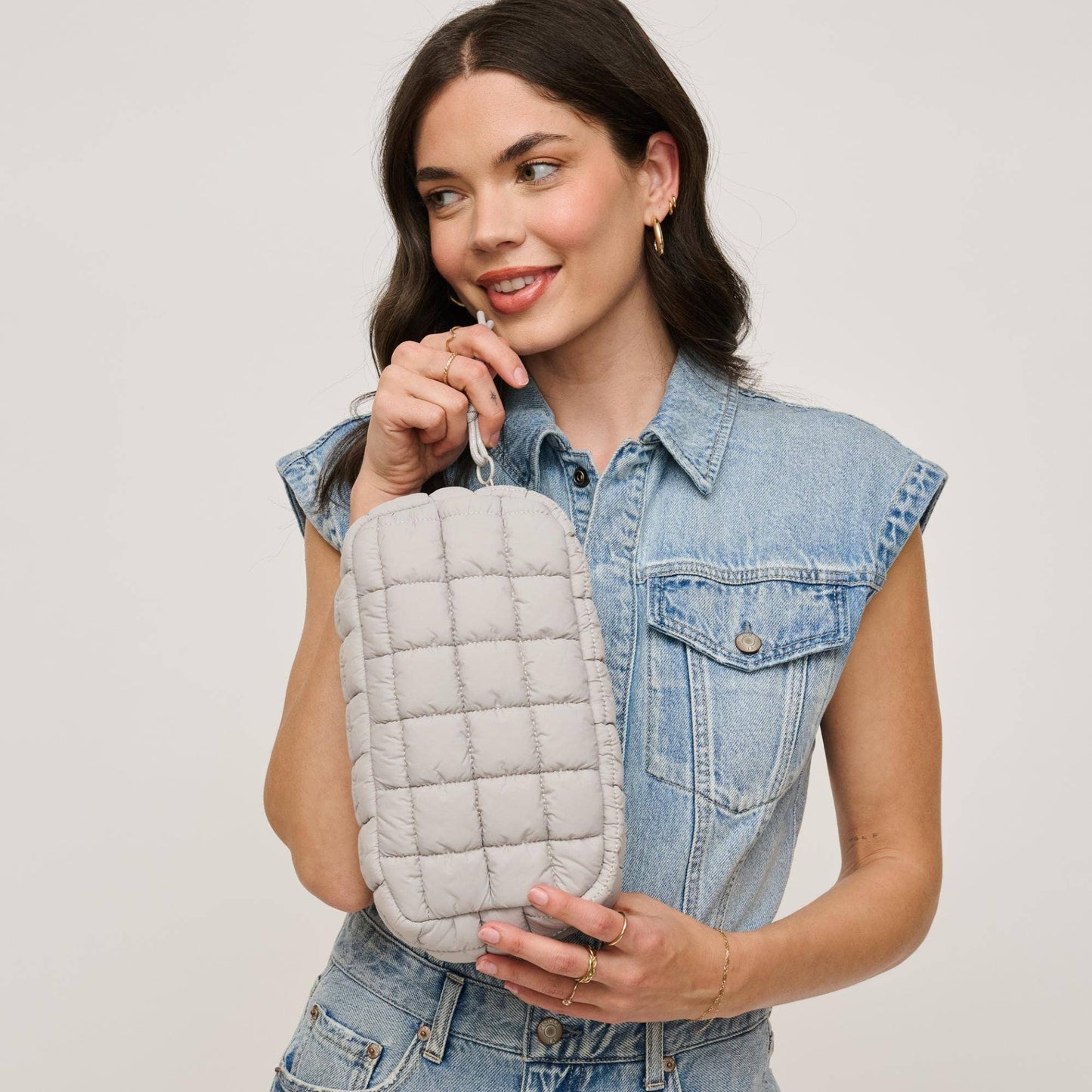 Cloud Nine Quilted Puffer Nylon Cosmetic Travel Pouch Cosmetic Pouch: Dove Grey