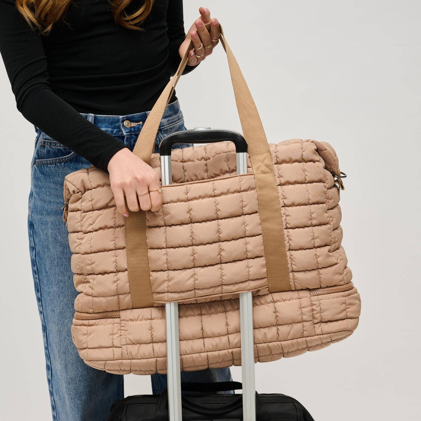 Globetrotter Quilted Nylon Puffer Travel Weekender: Natural