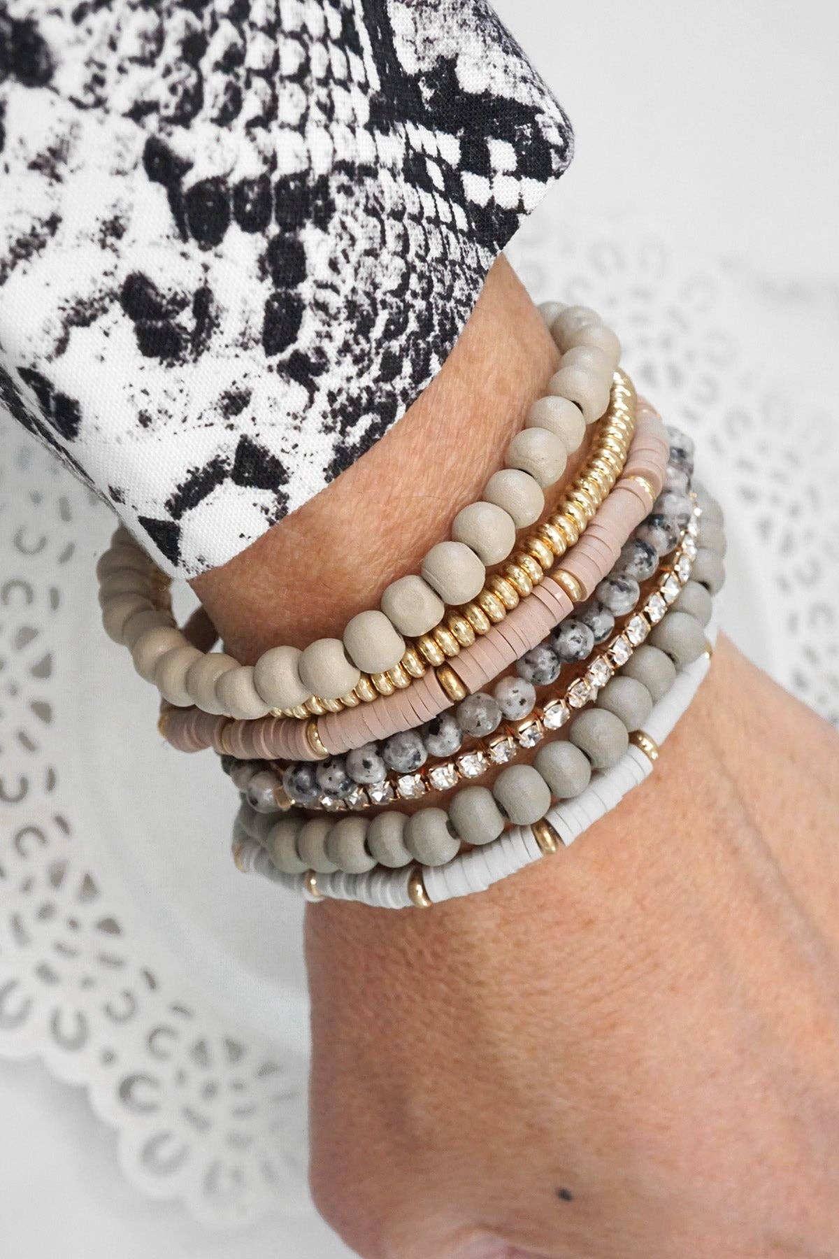 7-Piece Beaded Boho Bracelet Stack Grey Tones