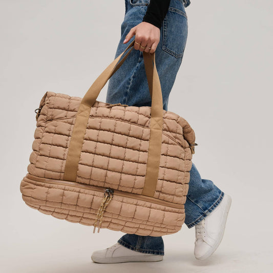 Globetrotter Quilted Nylon Puffer Travel Weekender: Natural