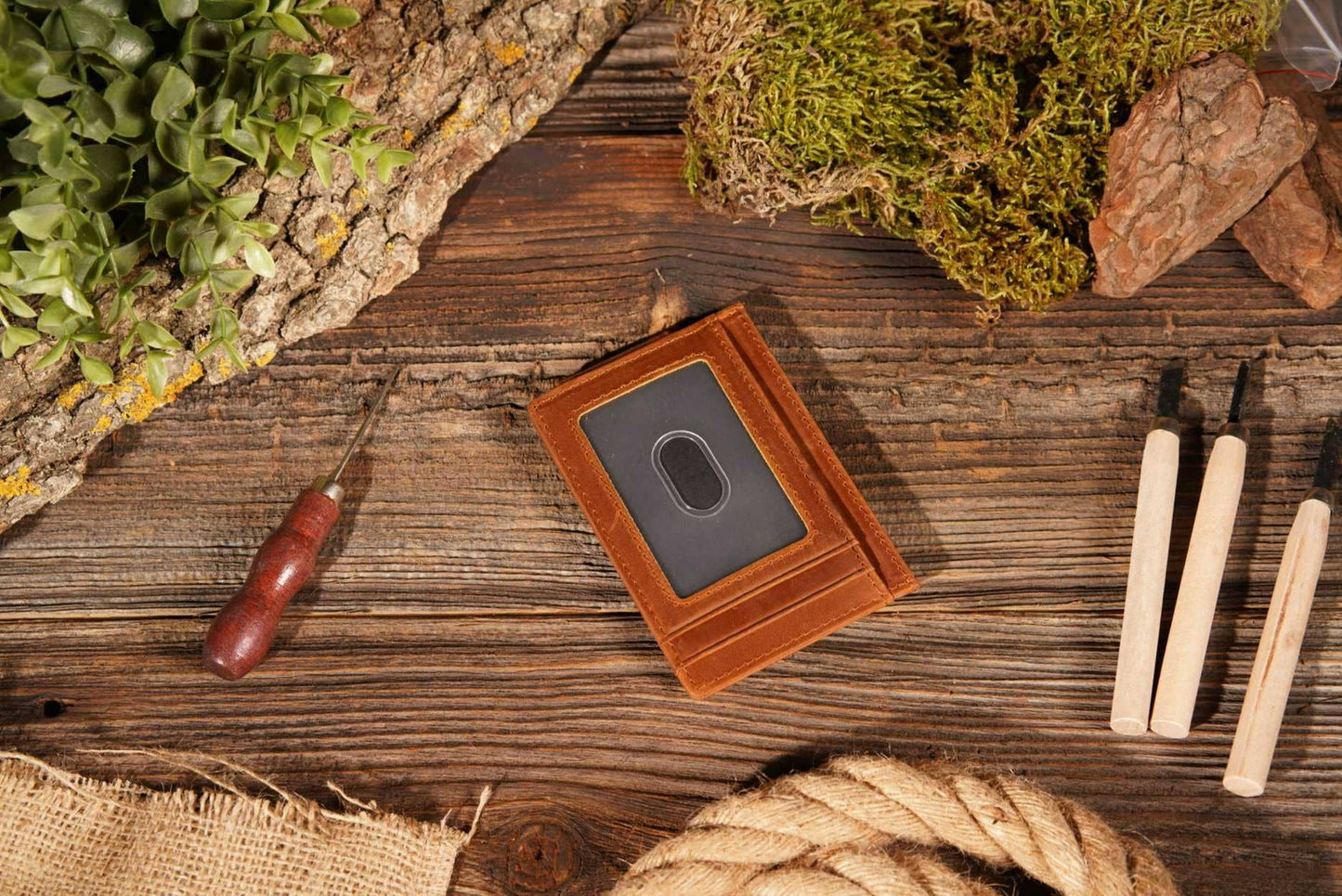 Personalized Leather Wallet with Magnet Clip: Dark Brown