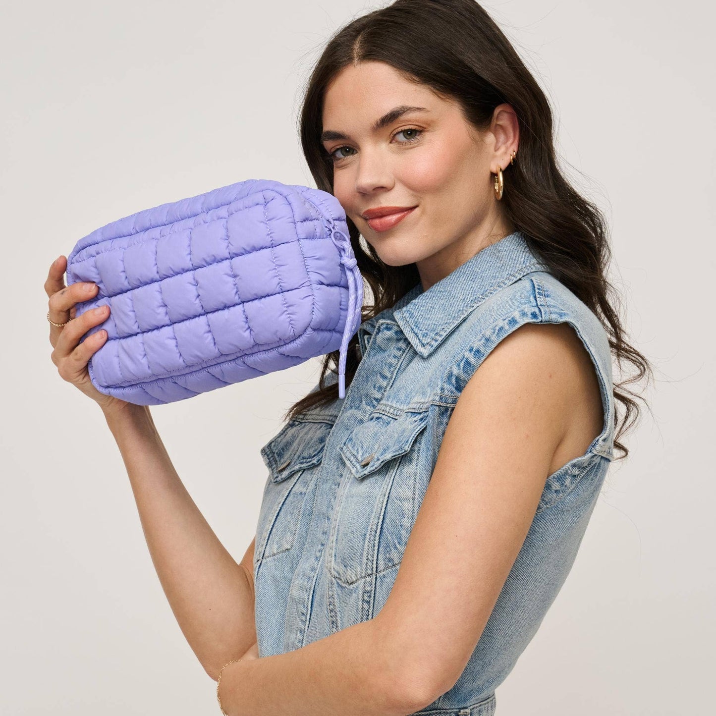 Cloud Nine Quilted Puffer Nylon Cosmetic Travel Pouch Cosmetic Pouch: Dove Grey