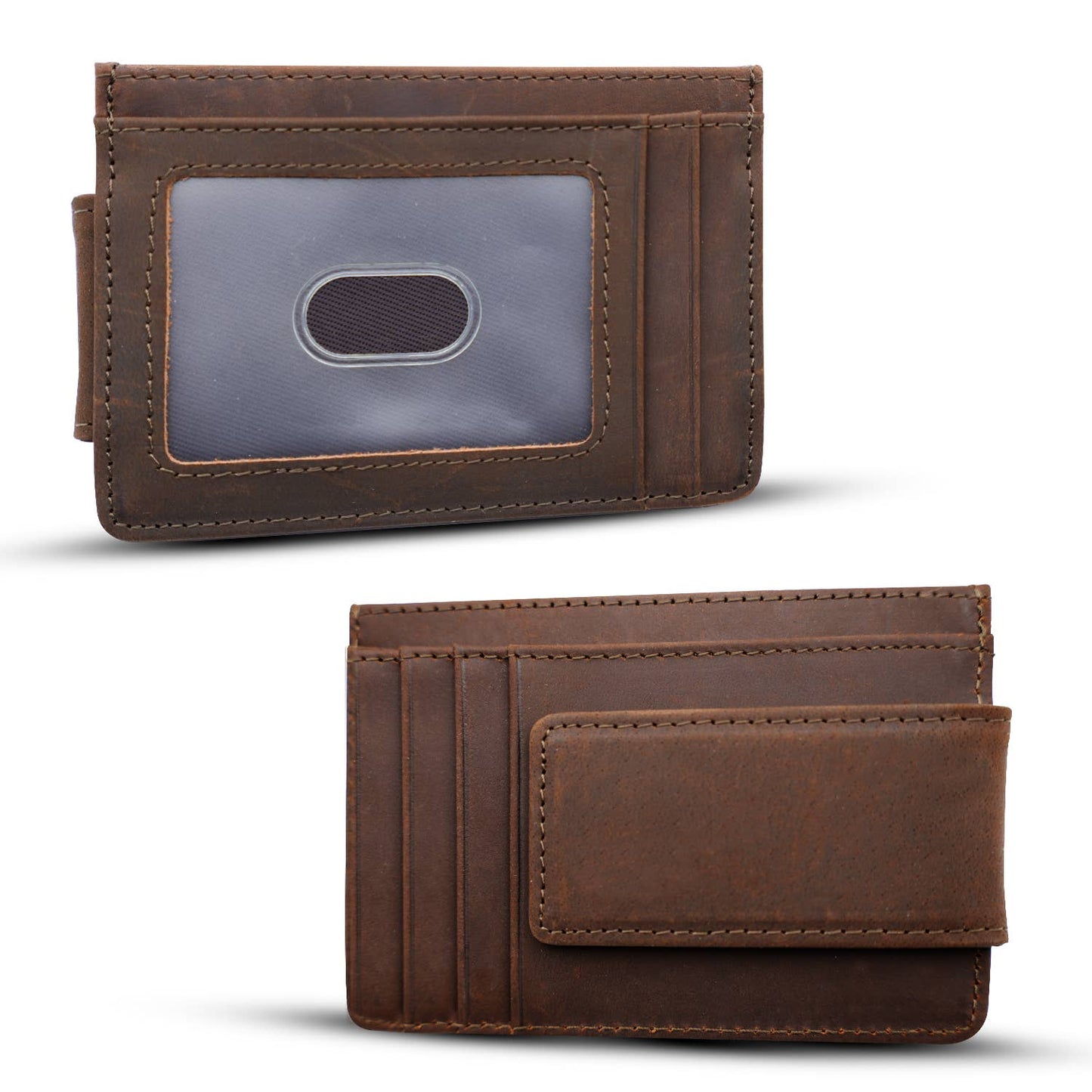 Personalized Leather Wallet with Magnet Clip: Brown