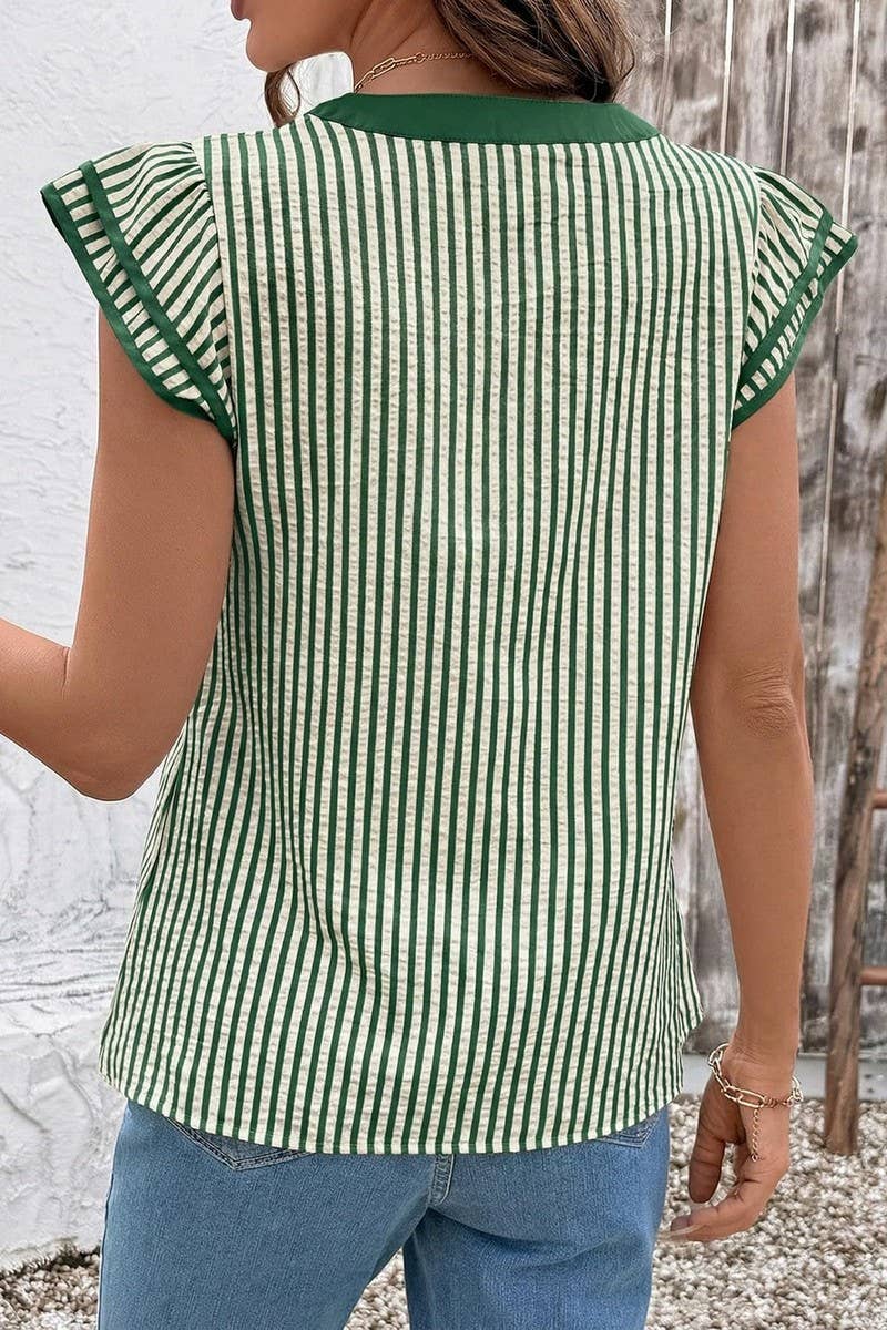 CWTBLS02770_COLOR-BLOCKED V-NECK STRIPED FLUTTER SLEEVE TOP: BLACK / (S) 1