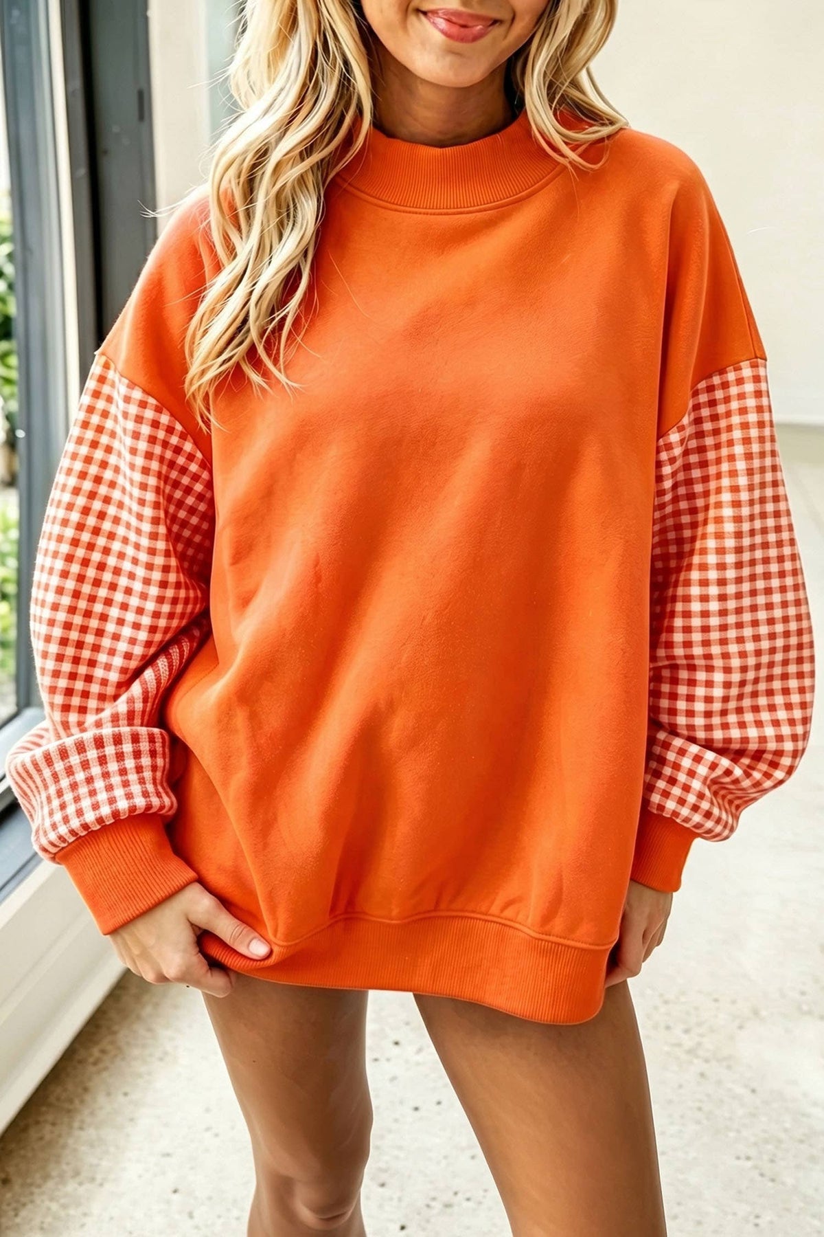 66 Plus Size Plaid/ Camo/ Dot Mock Neck Sweatshirt (S-4X): Camo Beige / XL