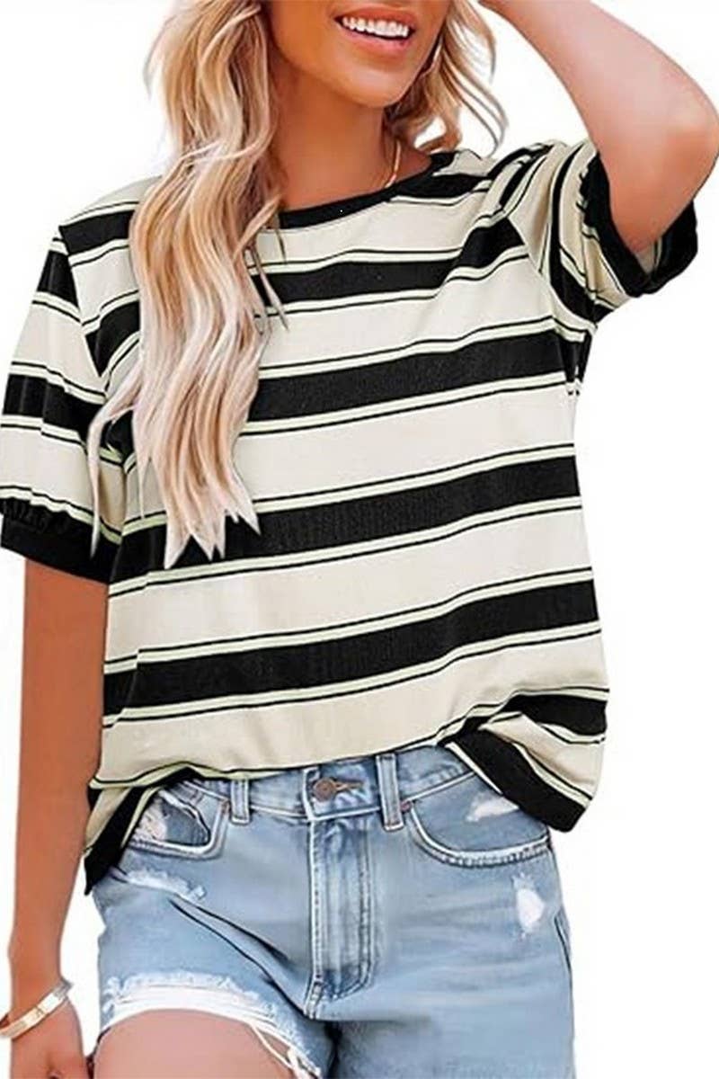 CWTTS00981_CASUAL STRIPED CREW NECK SHORT-SLEEVED T-SHIRT: BLUE / (S) 1