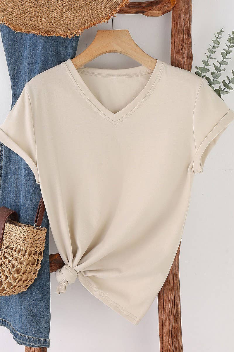 CWTTS00971_SOLID COLOR CASUAL V-NECK SHORT-SLEEVED T-SHIRT: WHITE / (S) 1