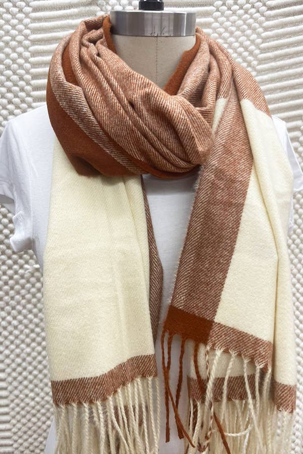 Two Tone Plaid Cashmere Scarf With Tassel