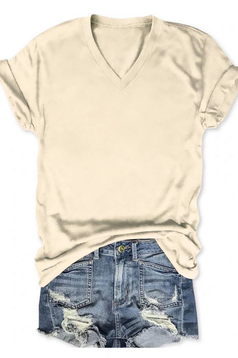 CWTTS00971_SOLID COLOR CASUAL V-NECK SHORT-SLEEVED T-SHIRT: WHITE / (S) 1