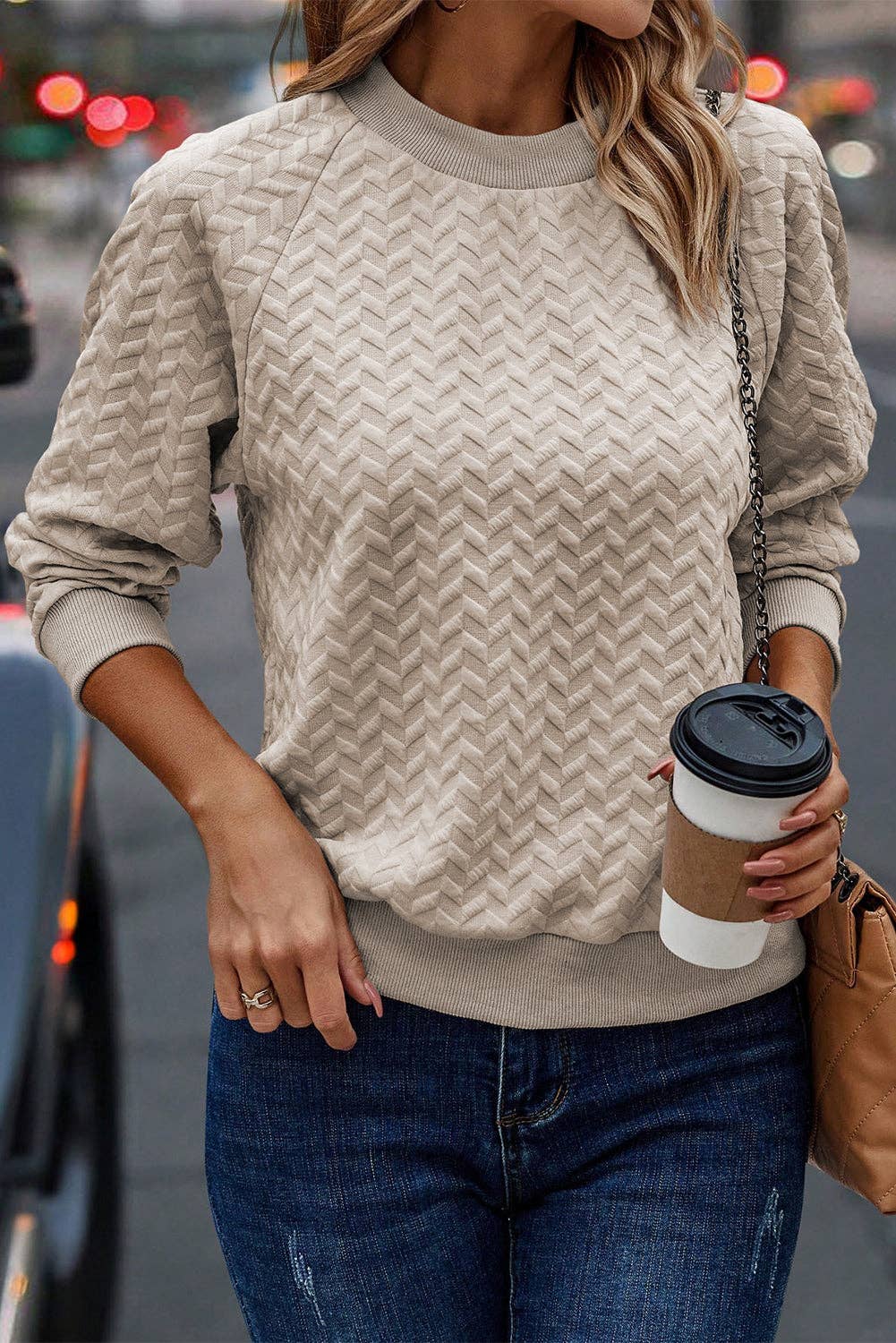 Textured Raglan Sleeve Pullover Sweatshirt: Beige