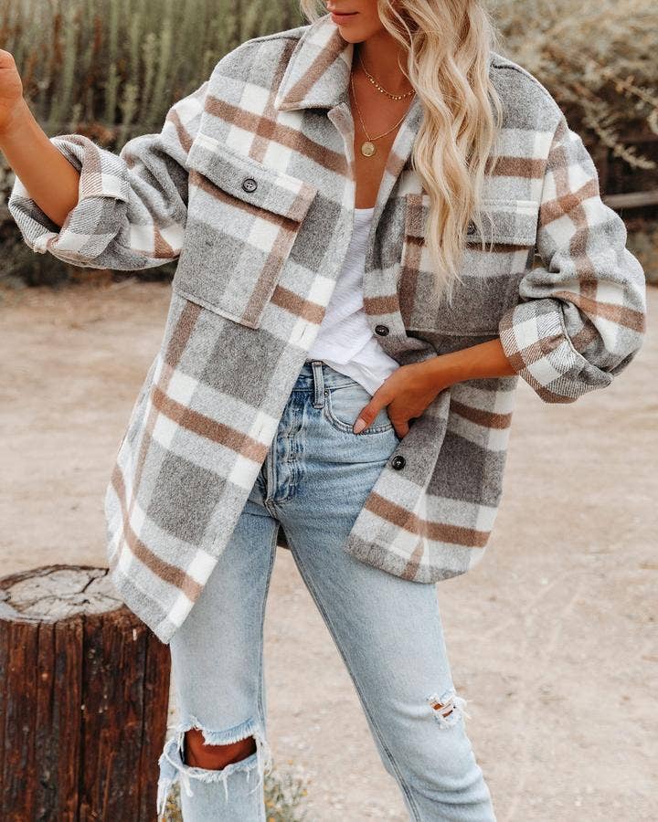 Plaid Shacket: Button Flannel Shirt Jacket: Light gray