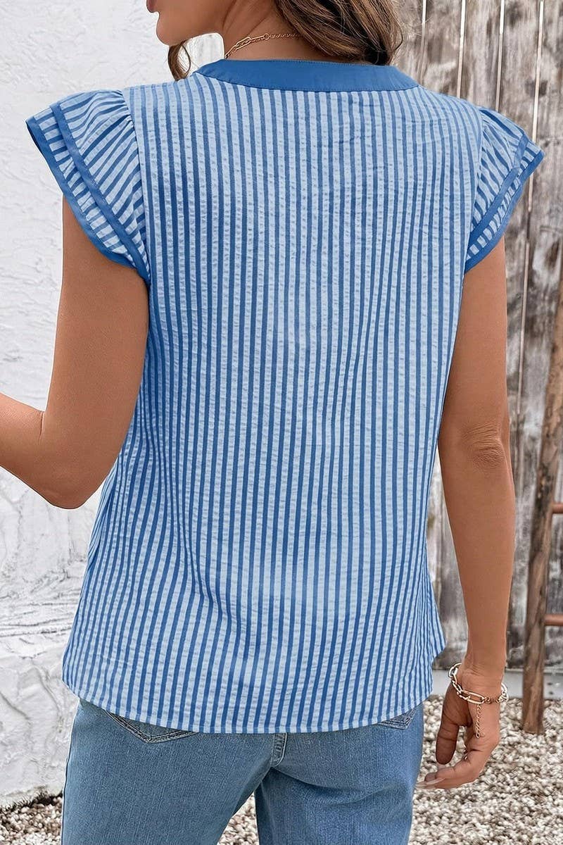 CWTBLS02770_COLOR-BLOCKED V-NECK STRIPED FLUTTER SLEEVE TOP: BLACK / (S) 1