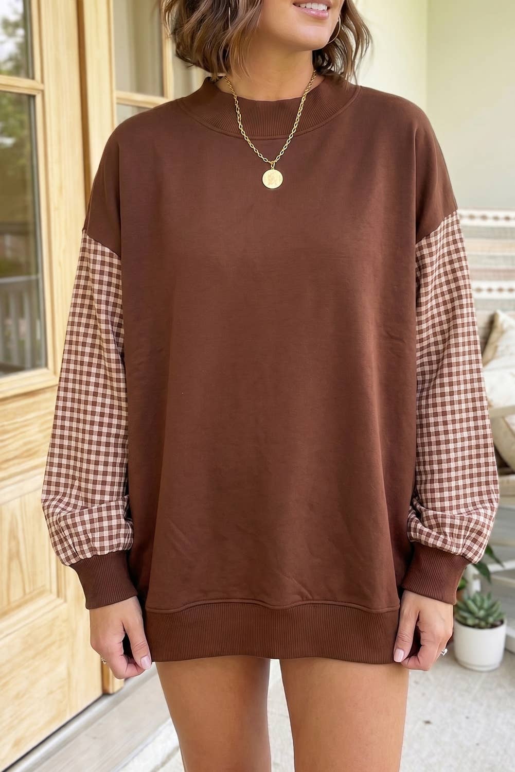 66 Plus Size Plaid/ Camo/ Dot Mock Neck Sweatshirt (S-4X): Camo Beige / XL