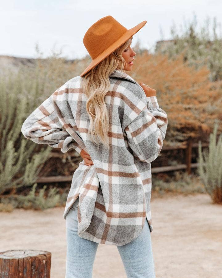 Plaid Shacket: Button Flannel Shirt Jacket: Light gray