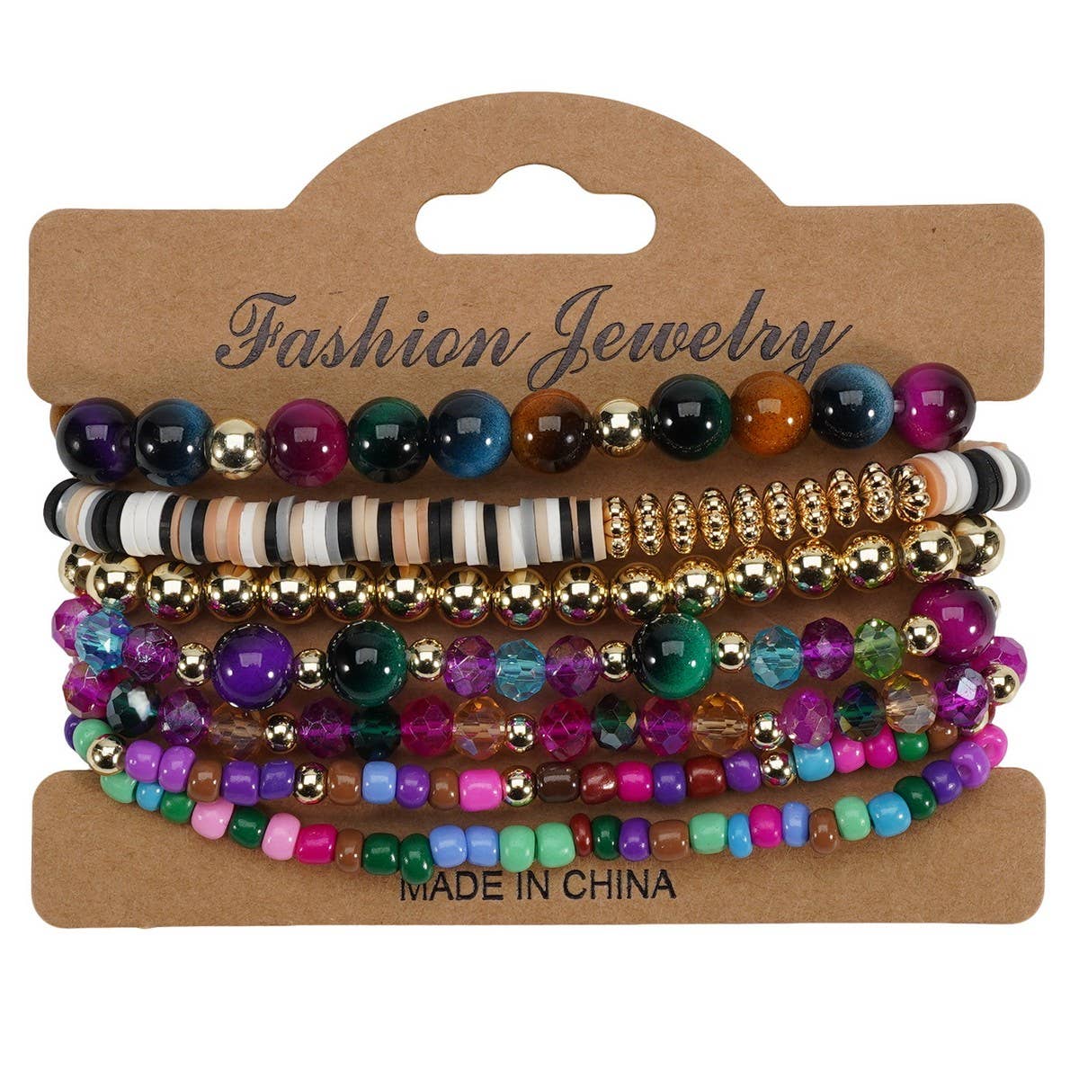 CWAJE06899_BOHO FAUX STONE ELASTIC BEADED BRACELET: BROWN / (OS) 1