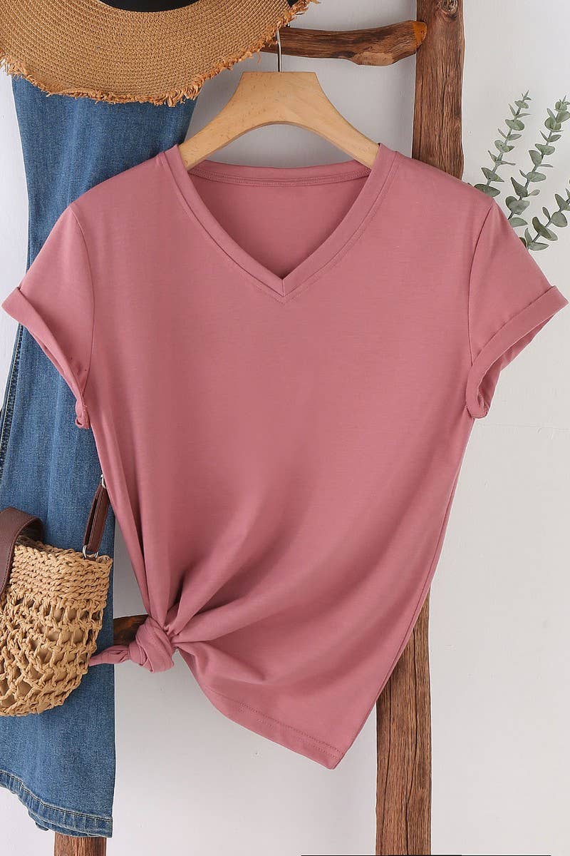 CWTTS00971_SOLID COLOR CASUAL V-NECK SHORT-SLEEVED T-SHIRT: WHITE / (S) 1
