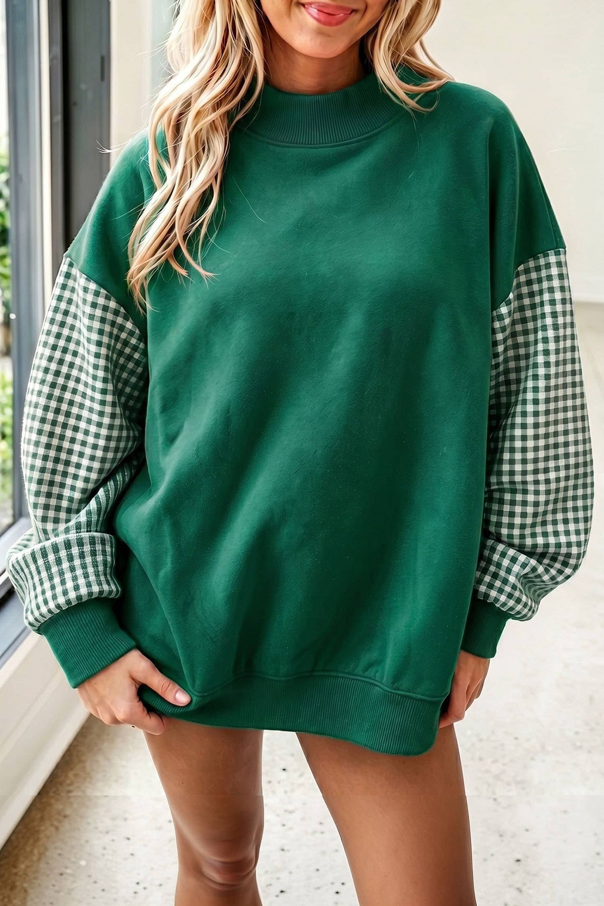 66 Plus Size Plaid/ Camo/ Dot Mock Neck Sweatshirt (S-4X): Camo Beige / XL