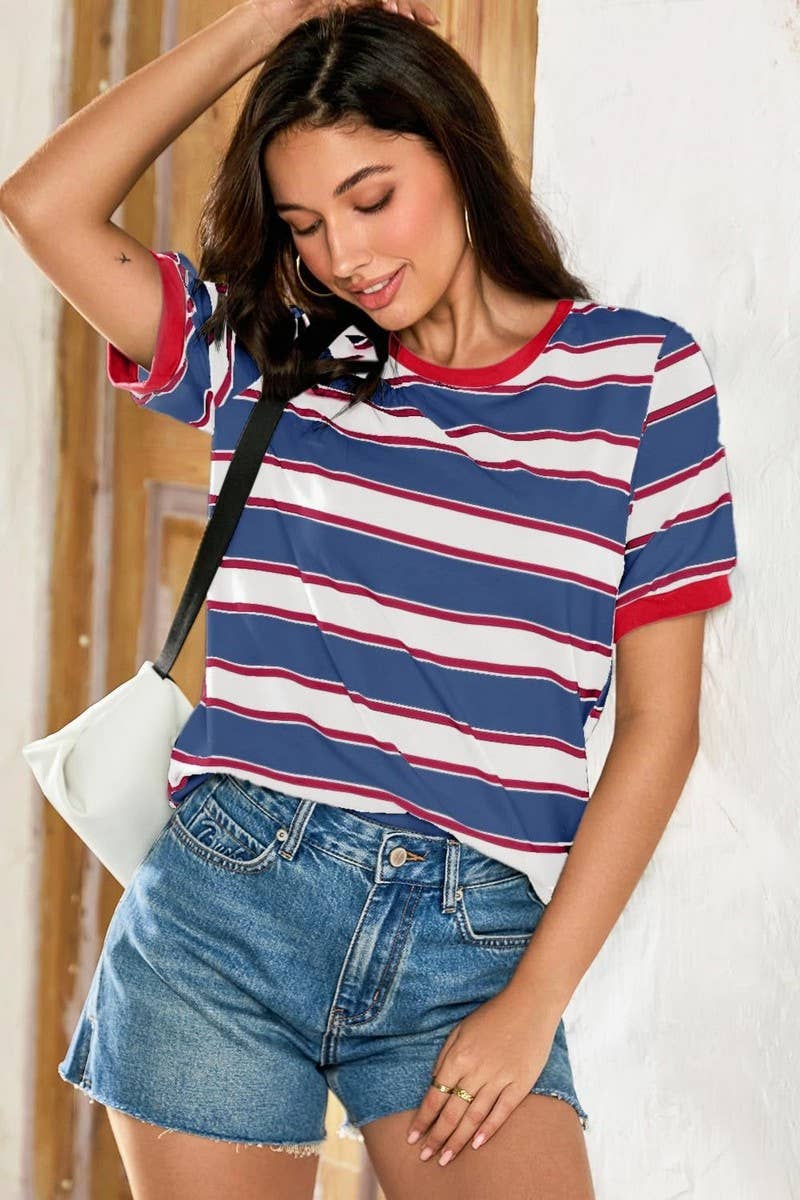 CWTTS00981_CASUAL STRIPED CREW NECK SHORT-SLEEVED T-SHIRT: BLUE / (S) 1