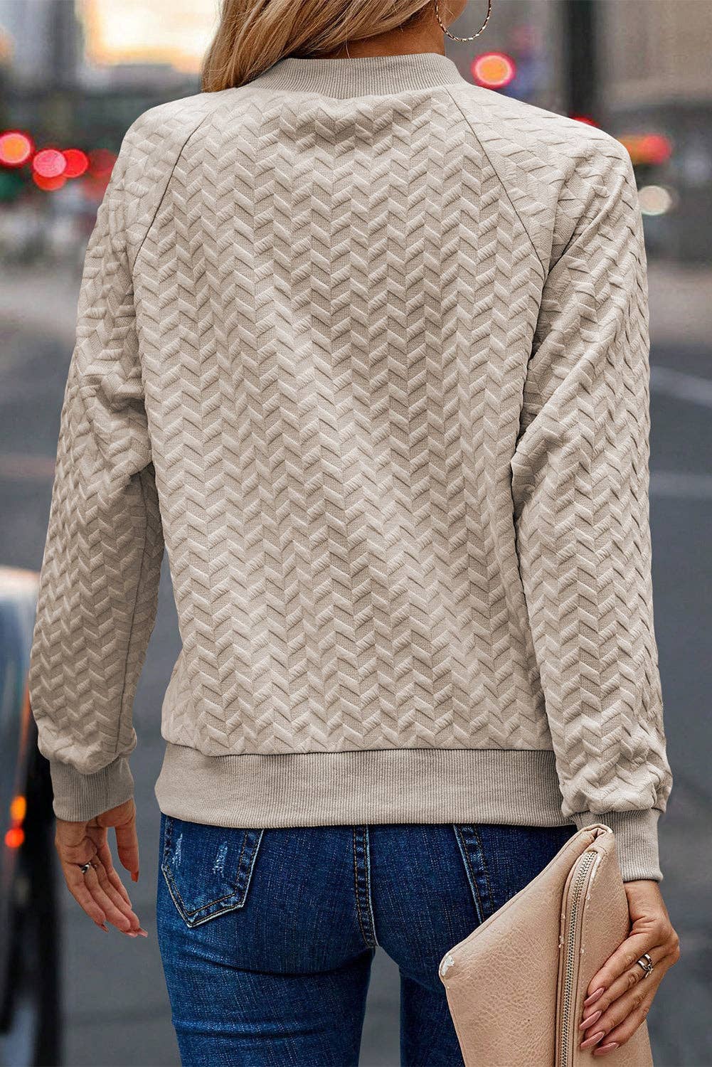 Textured Raglan Sleeve Pullover Sweatshirt: Beige