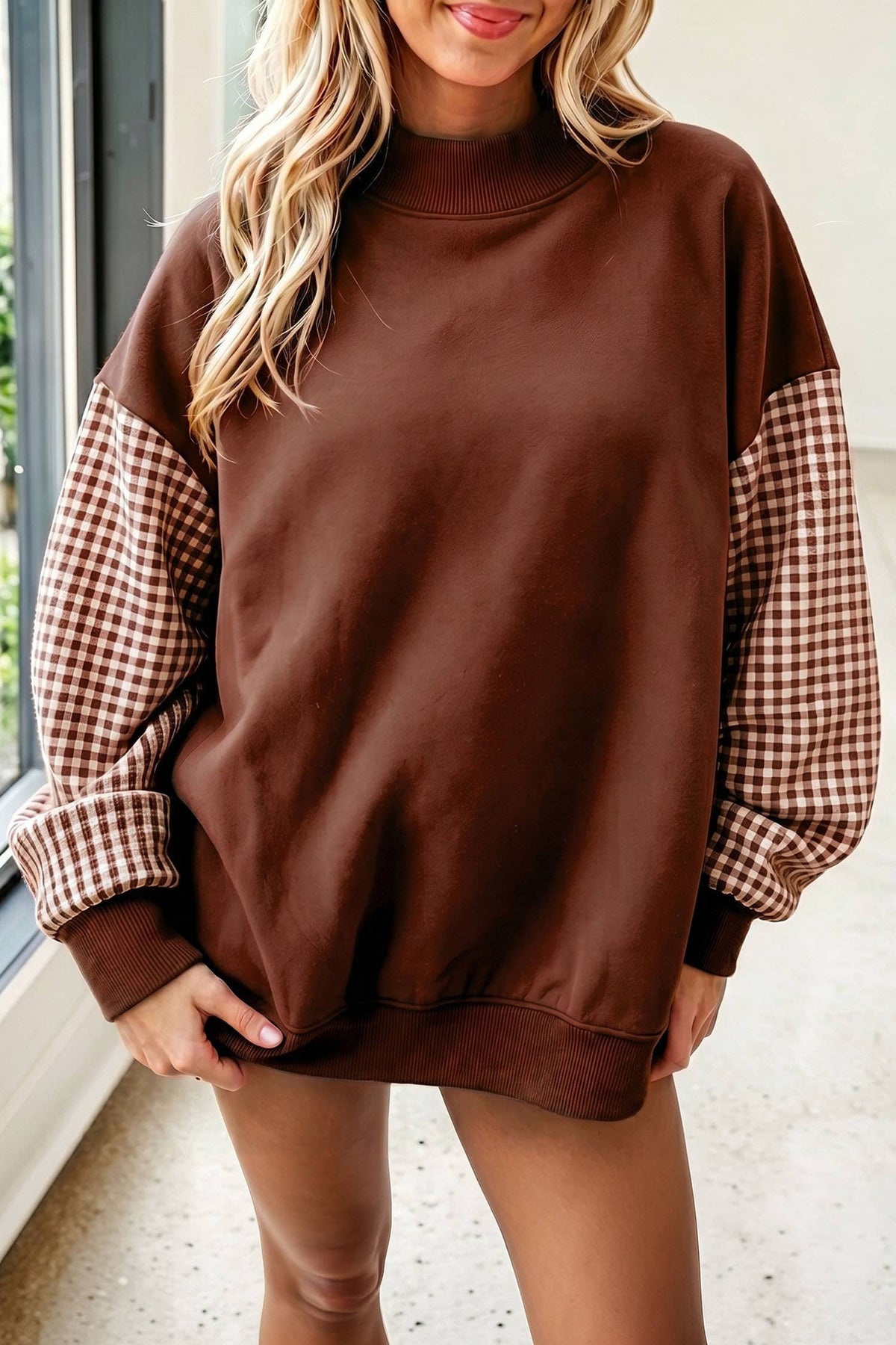 66 Plus Size Plaid/ Camo/ Dot Mock Neck Sweatshirt (S-4X): Camo Beige / XL