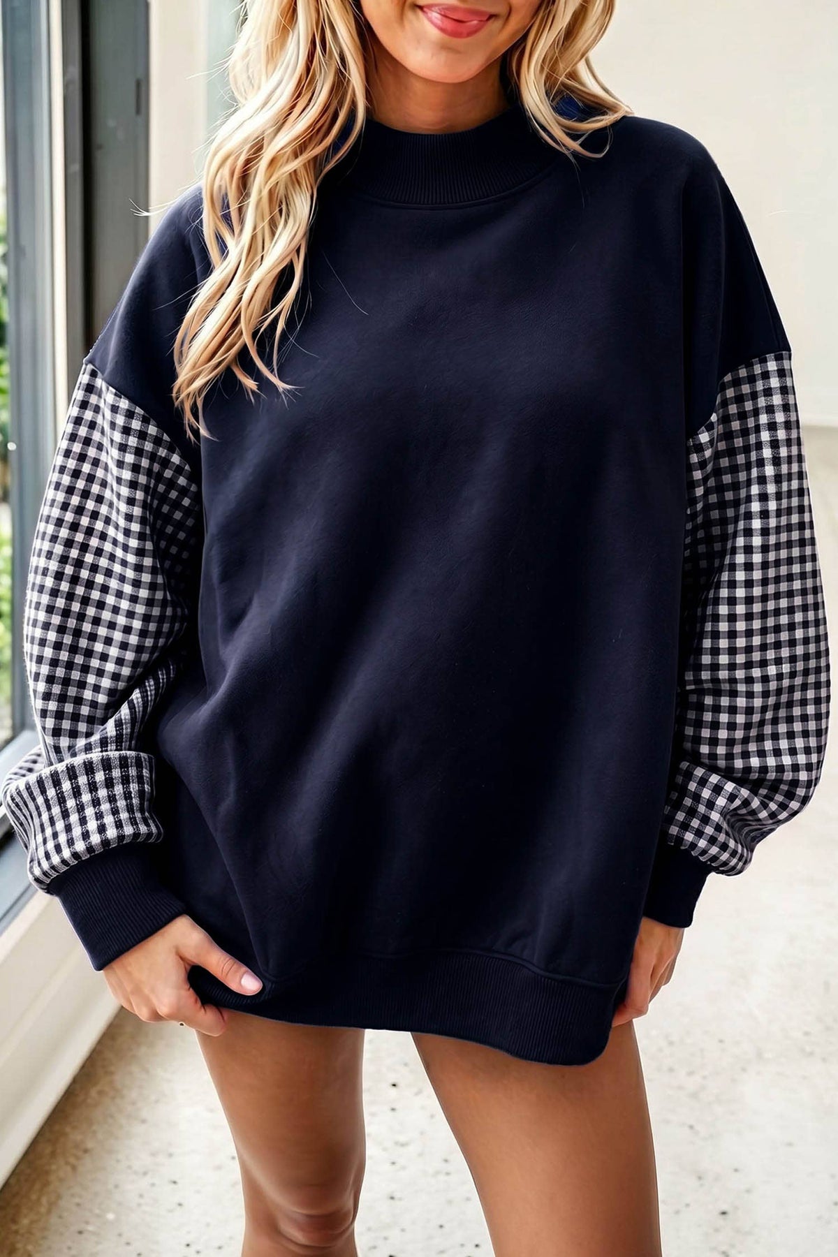 66 Plus Size Plaid/ Camo/ Dot Mock Neck Sweatshirt (S-4X): Camo Beige / XL