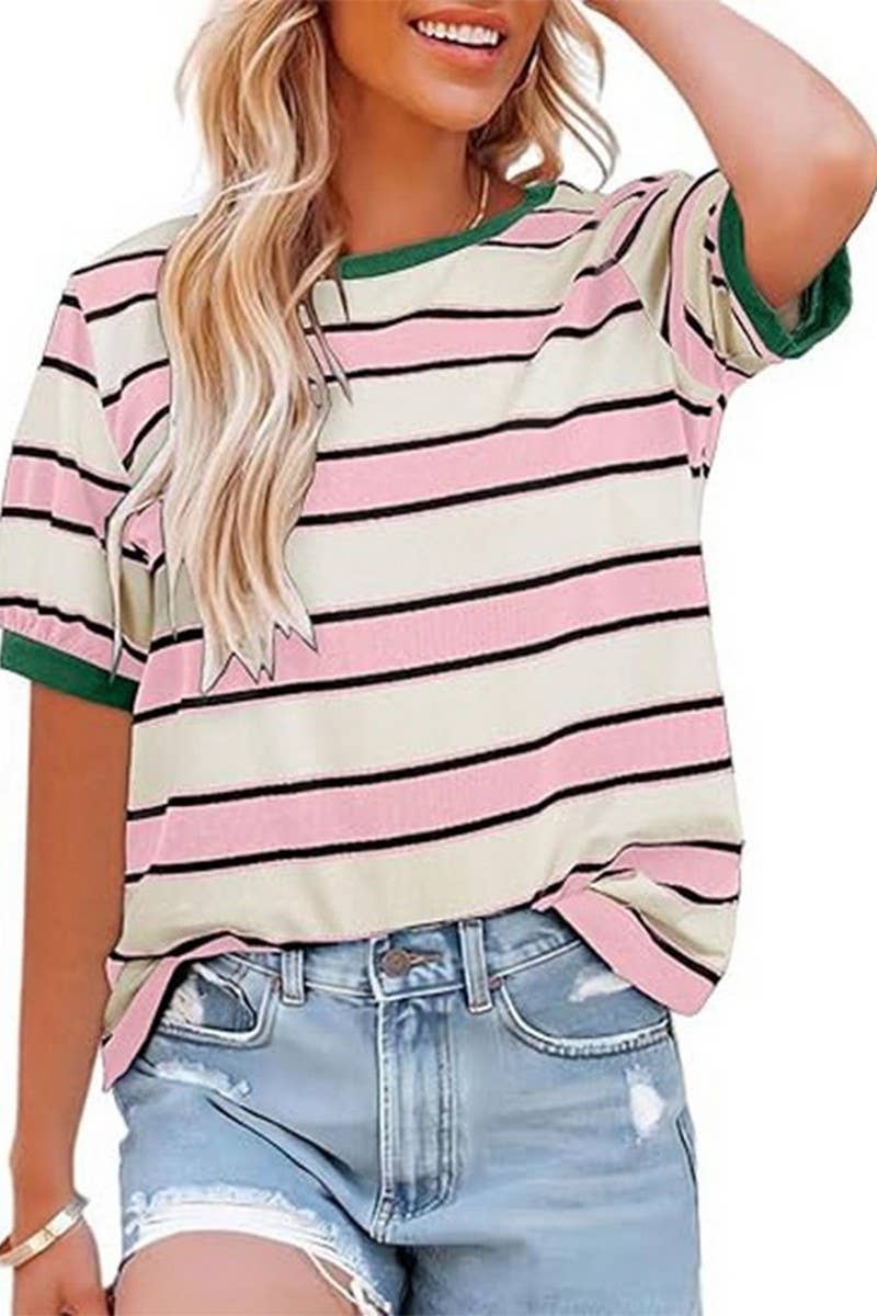 CWTTS00981_CASUAL STRIPED CREW NECK SHORT-SLEEVED T-SHIRT: BLUE / (S) 1