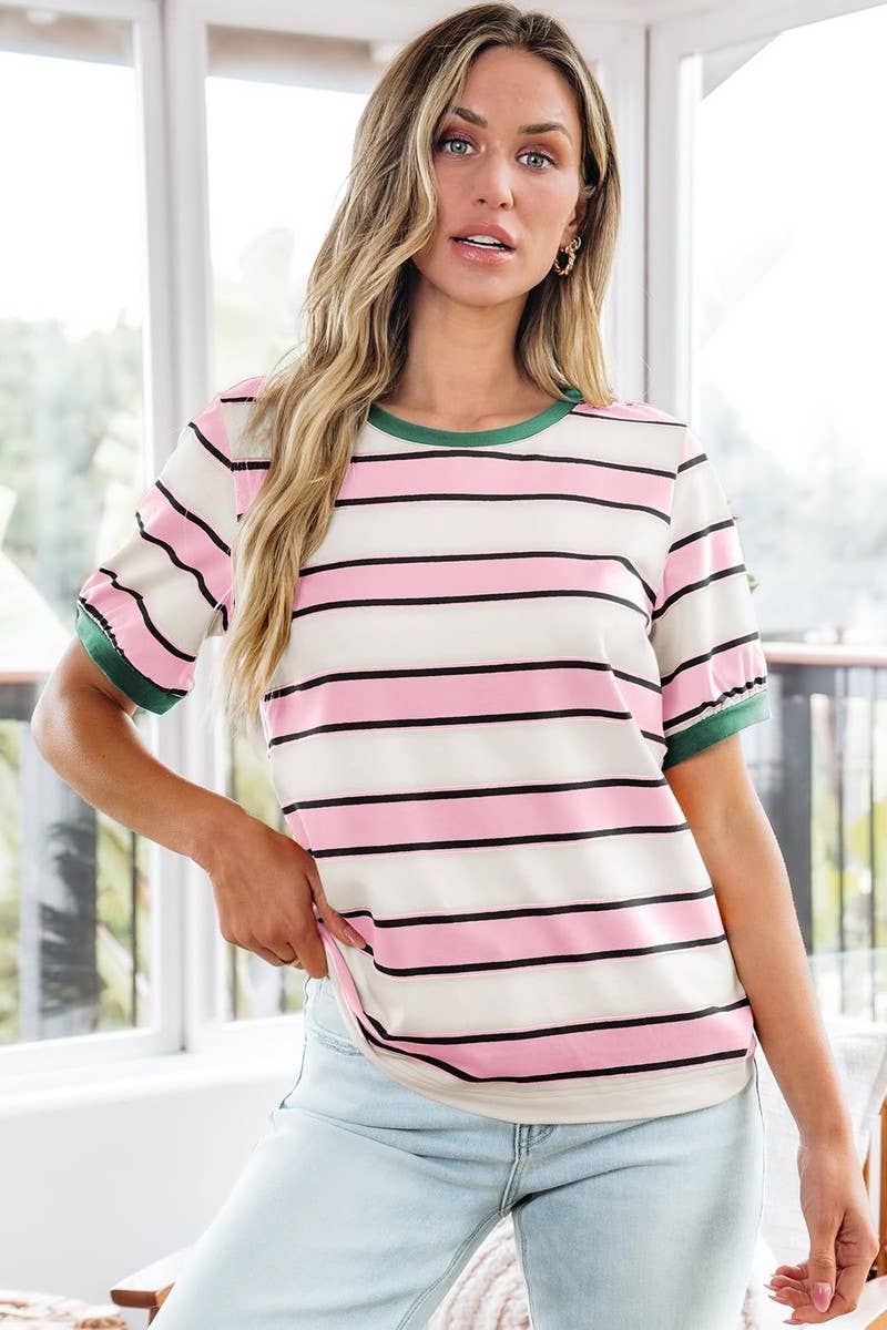 CWTTS00981_CASUAL STRIPED CREW NECK SHORT-SLEEVED T-SHIRT: BLUE / (S) 1