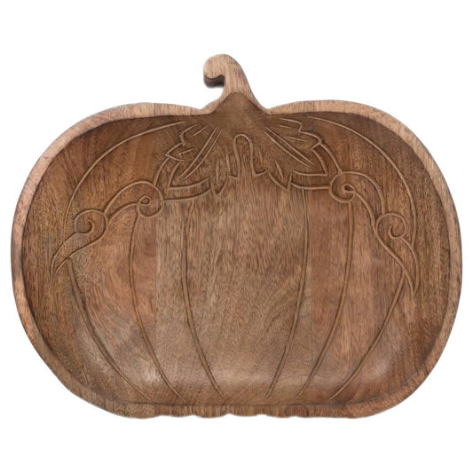 9.75" Round Engraved Pumpkin Mango Wood Tray Fall