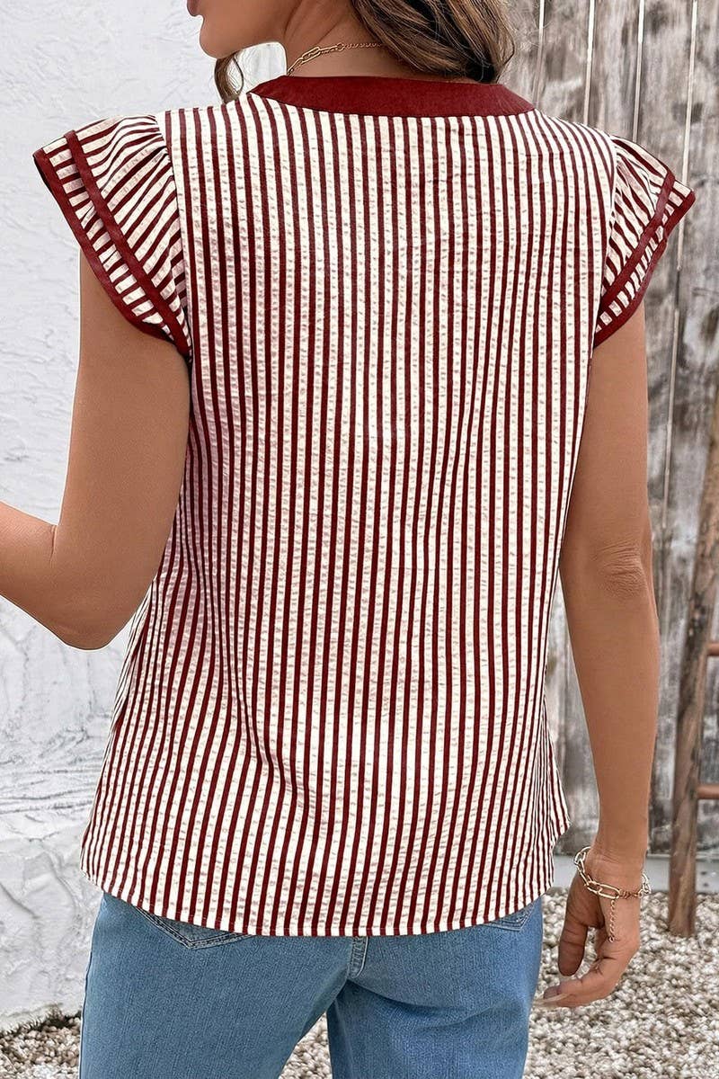 CWTBLS02770_COLOR-BLOCKED V-NECK STRIPED FLUTTER SLEEVE TOP: BLACK / (S) 1