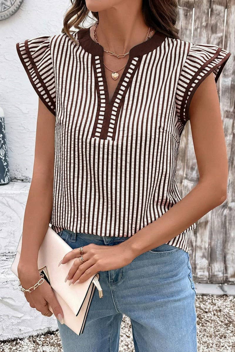 CWTBLS02770_COLOR-BLOCKED V-NECK STRIPED FLUTTER SLEEVE TOP: BLACK / (S) 1