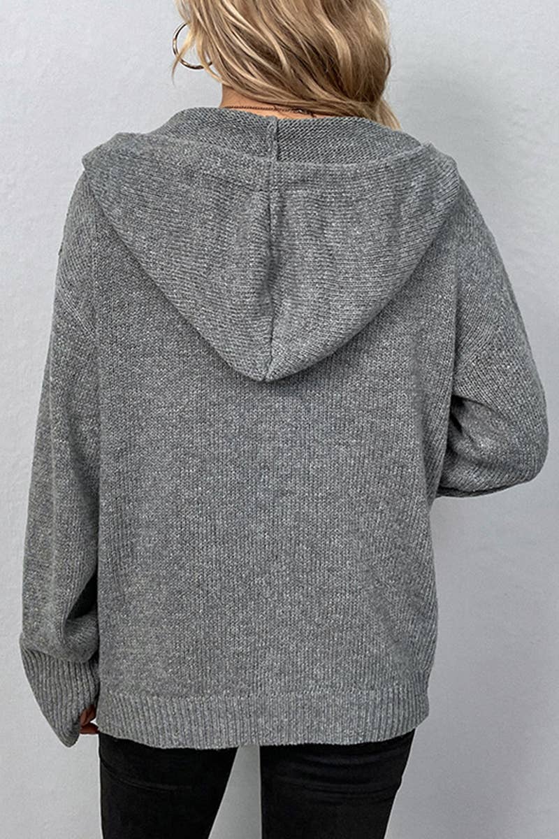 CWOCAL355 Button Down Open Front Hoodie Cardigan Sweater: GREY / (S) 1