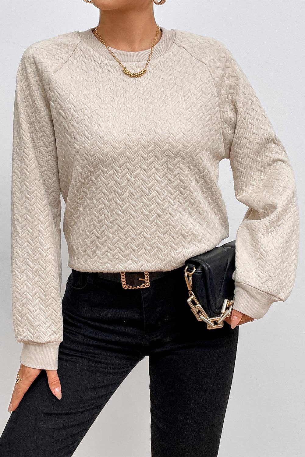 Textured Raglan Sleeve Pullover Sweatshirt: Beige