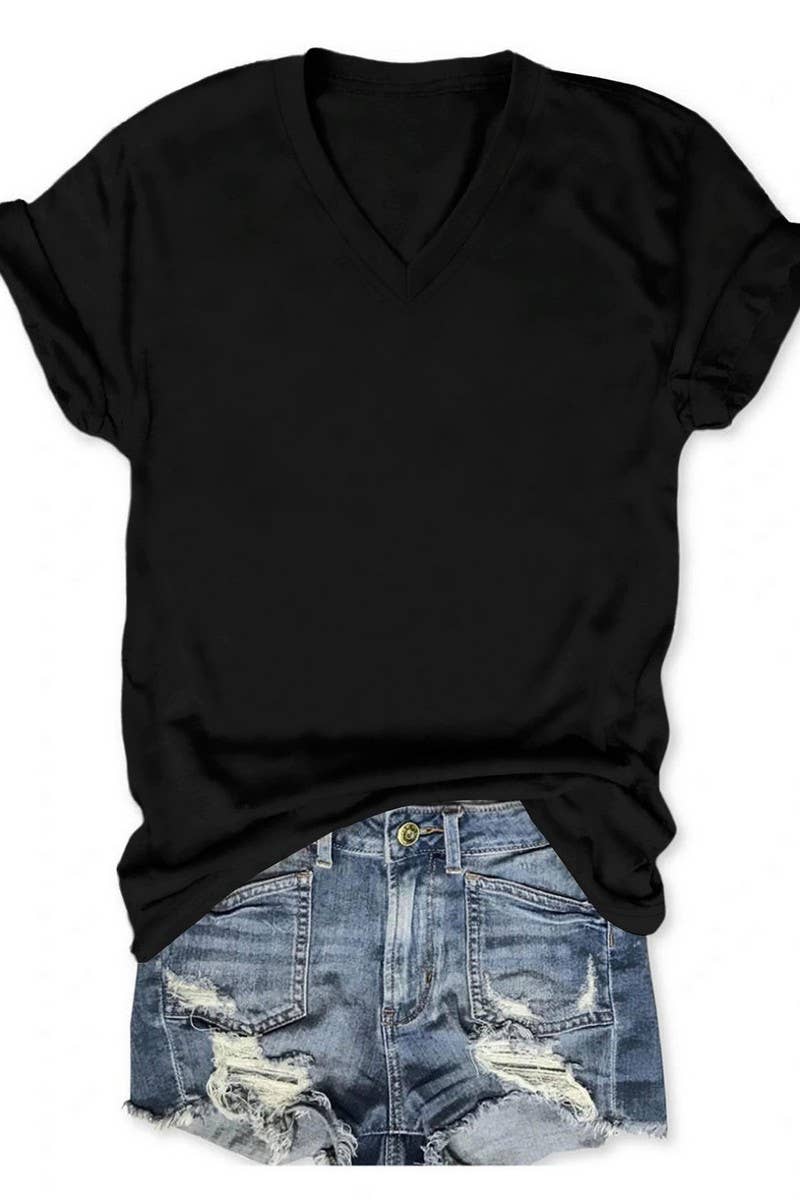 CWTTS00971_SOLID COLOR CASUAL V-NECK SHORT-SLEEVED T-SHIRT: WHITE / (S) 1