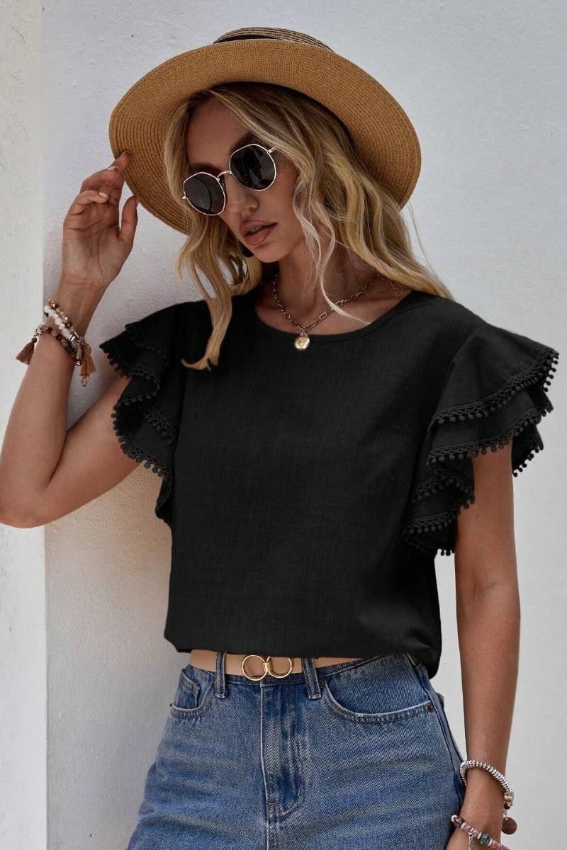 CWTBLS1120_SUMMER BAGGY BAT-SLEEVED SHORT-SLEEVED TOP: KHAKI / (S) 1