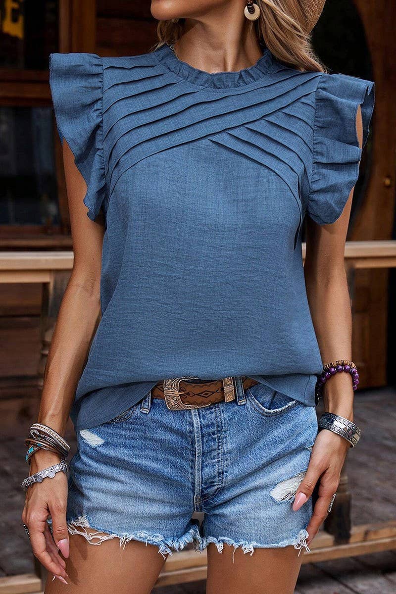 CWTBLSL0634_RUFFLE SLEEVE PLEATED SHORT SLEEVE TOP: GREEN / (S) 1
