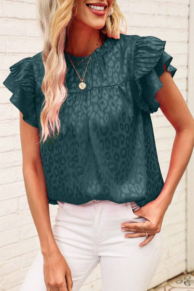 CWTBLSL0444_PRINTED LOTUS SLEEVES WITH WAVY COLLAR TOP: Black / (S) 1