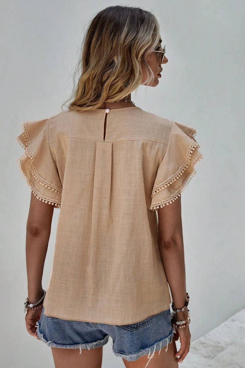 CWTBLS1120_SUMMER BAGGY BAT-SLEEVED SHORT-SLEEVED TOP: KHAKI / (S) 1