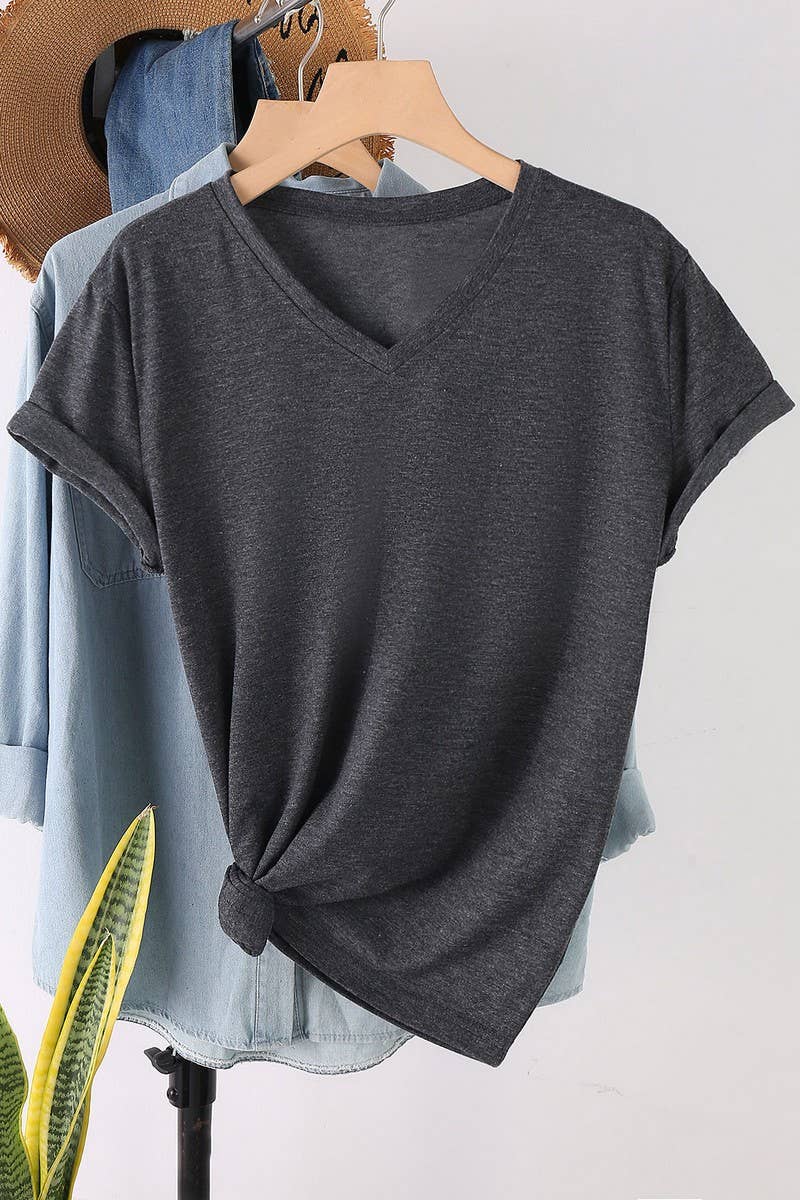 CWTTS00971_SOLID COLOR CASUAL V-NECK SHORT-SLEEVED T-SHIRT: WHITE / (S) 1