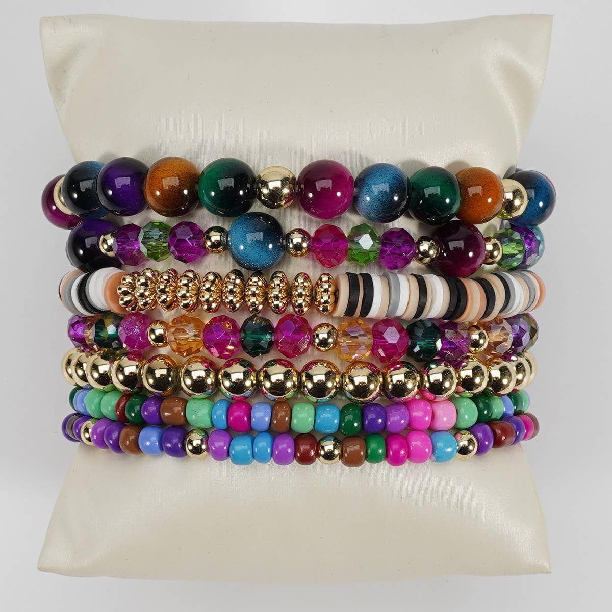 CWAJE06899_BOHO FAUX STONE ELASTIC BEADED BRACELET: BROWN / (OS) 1