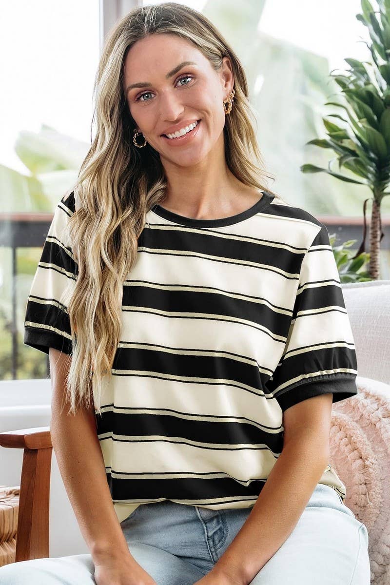 CWTTS00981_CASUAL STRIPED CREW NECK SHORT-SLEEVED T-SHIRT: BLUE / (S) 1