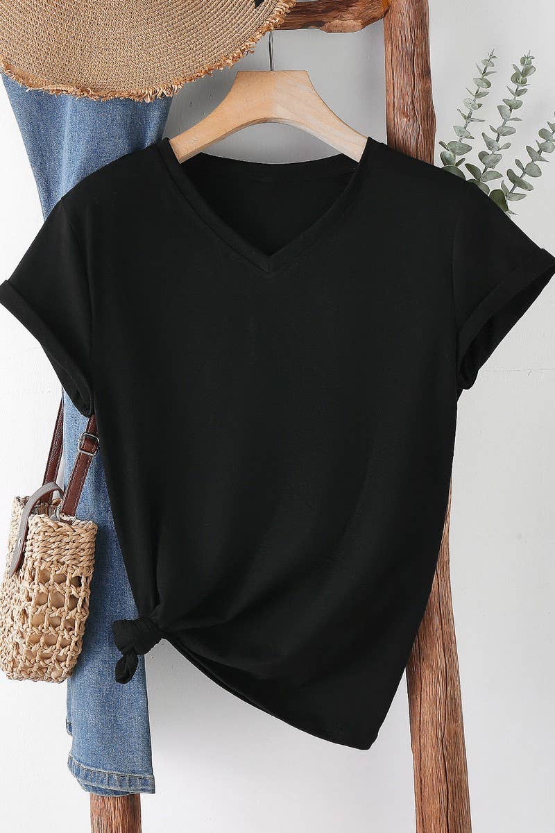 CWTTS00971_SOLID COLOR CASUAL V-NECK SHORT-SLEEVED T-SHIRT: WHITE / (S) 1
