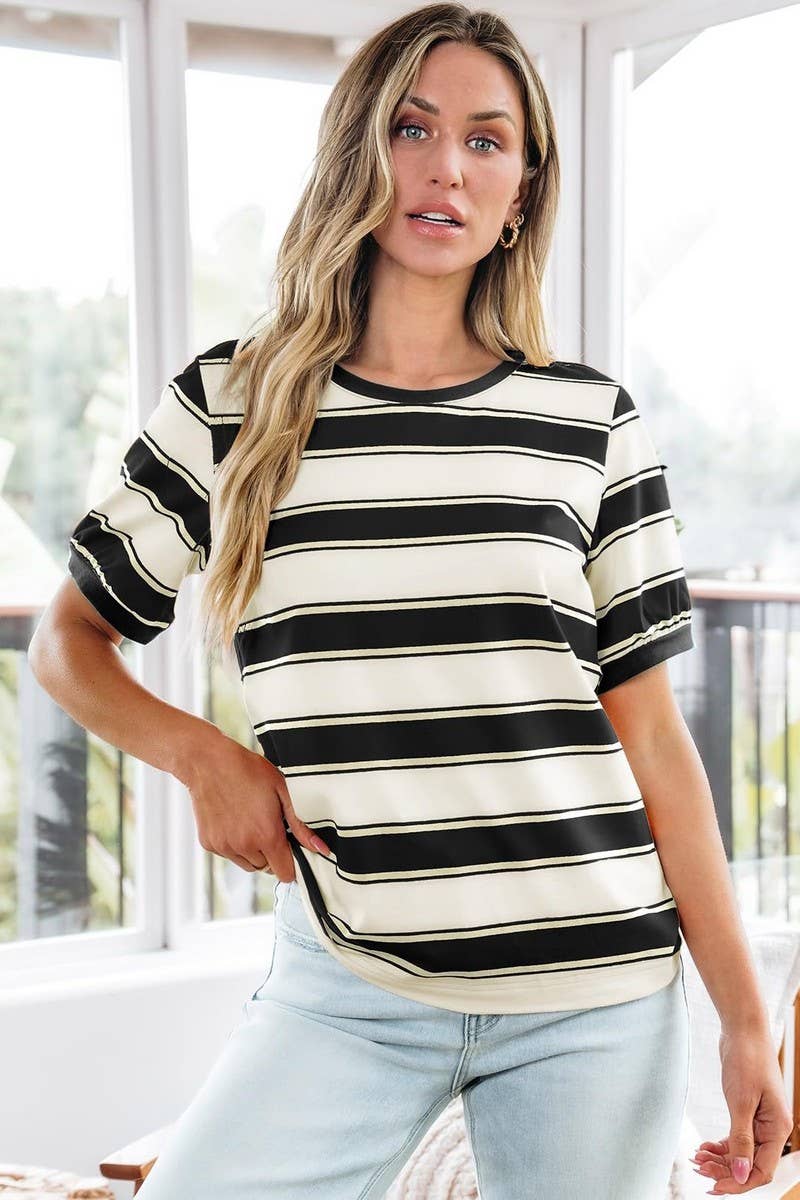 CWTTS00981_CASUAL STRIPED CREW NECK SHORT-SLEEVED T-SHIRT: BLUE / (S) 1