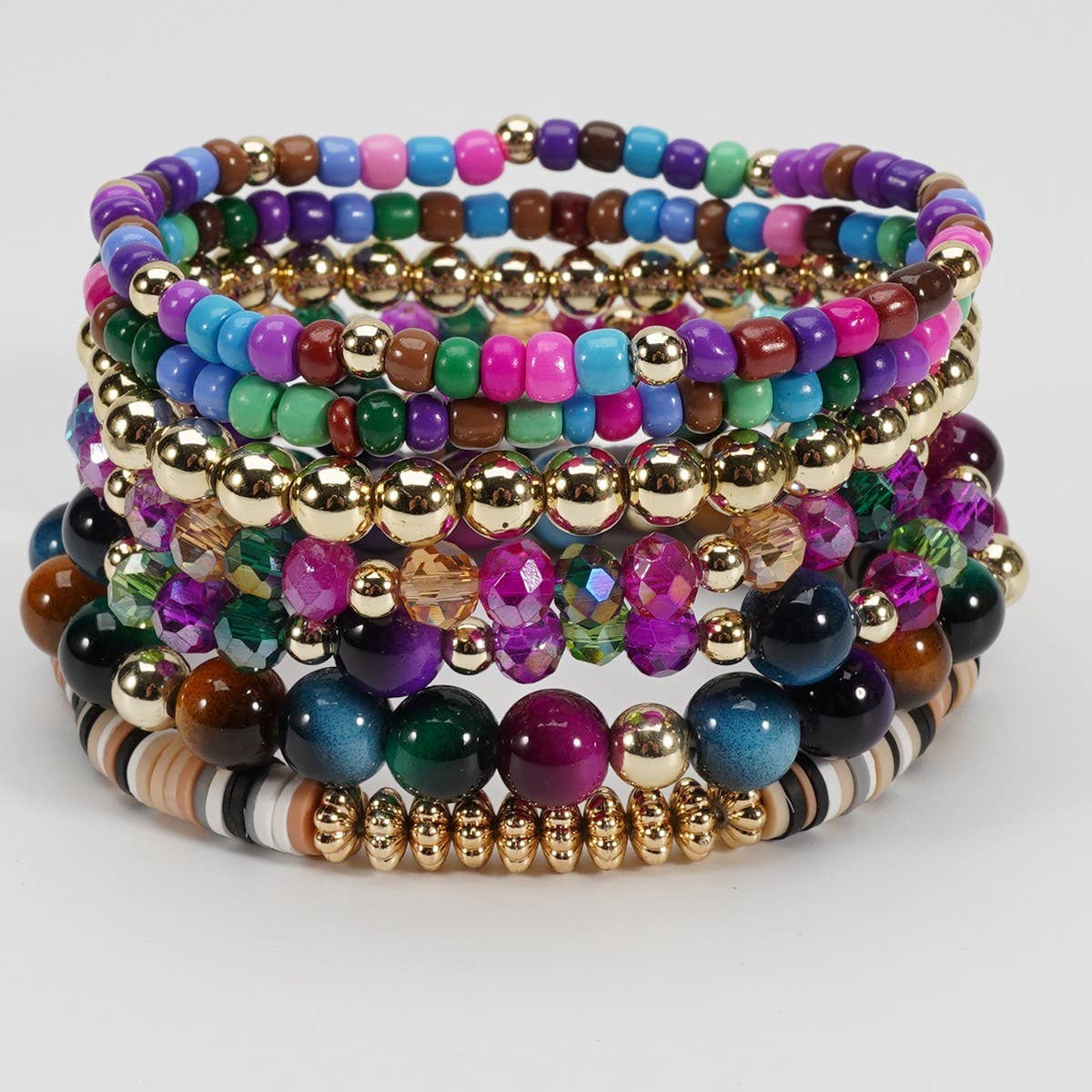CWAJE06899_BOHO FAUX STONE ELASTIC BEADED BRACELET: BROWN / (OS) 1