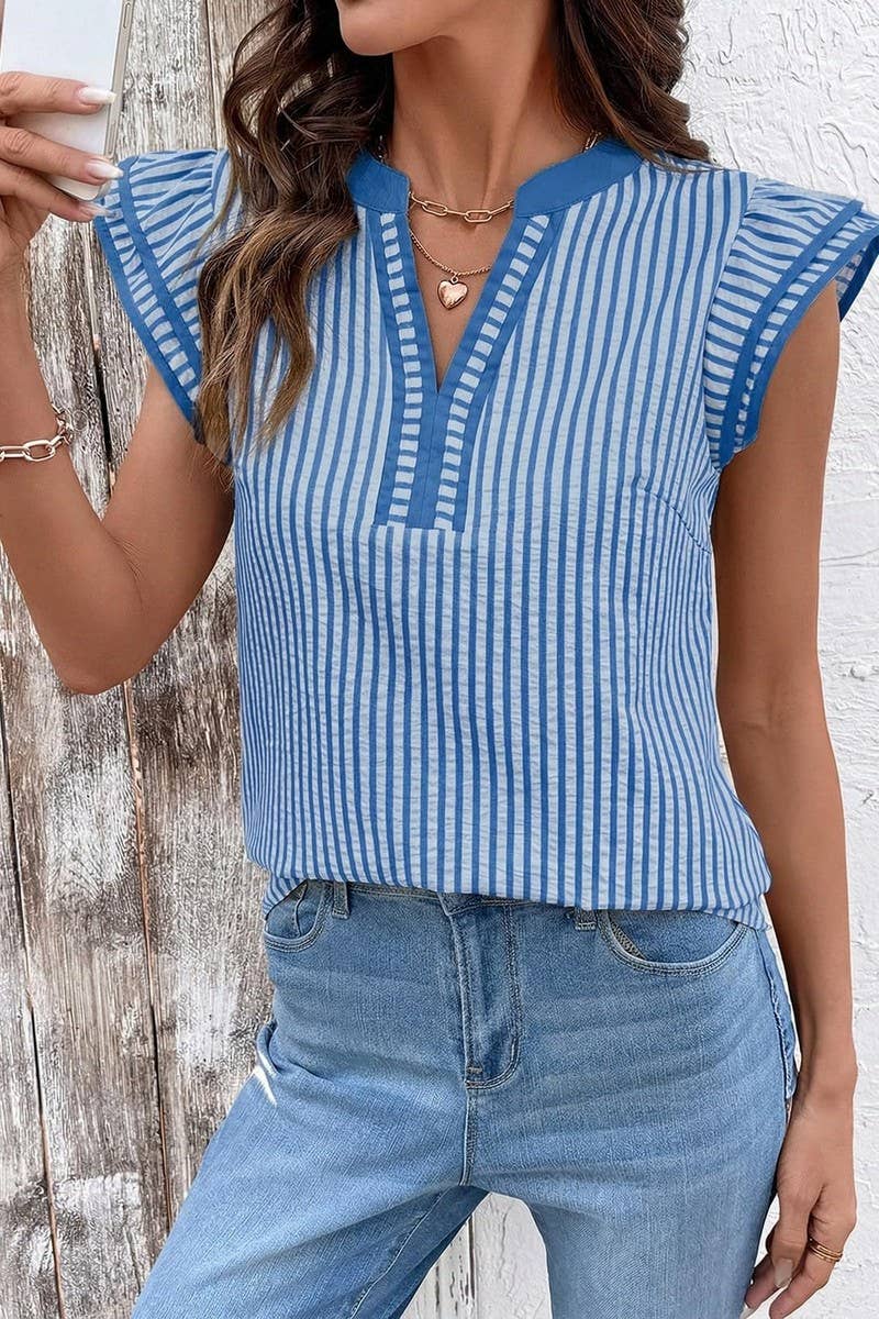 CWTBLS02770_COLOR-BLOCKED V-NECK STRIPED FLUTTER SLEEVE TOP: BLACK / (S) 1