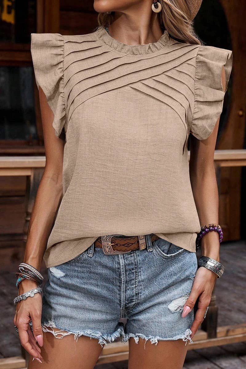 CWTBLSL0634_RUFFLE SLEEVE PLEATED SHORT SLEEVE TOP: GREEN / (S) 1