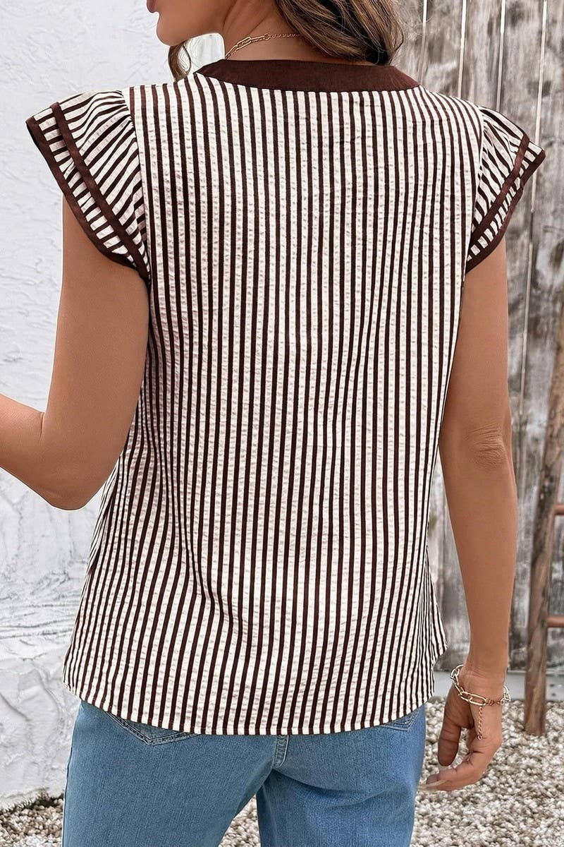 CWTBLS02770_COLOR-BLOCKED V-NECK STRIPED FLUTTER SLEEVE TOP: BLACK / (S) 1